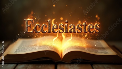 The name ecclesiastes floats gracefully a couple of inches above the open pages of an ancient Bible, as though it is levitating in mid-air photo
