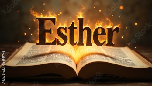 The name esther floats gracefully a couple of inches above the open pages of an ancient Bible, as though it is levitating in mid-air