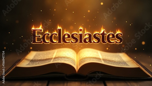 The name ecclesiastes floats gracefully a couple of inches above the open pages of an ancient Bible, as though it is levitating in mid-air photo