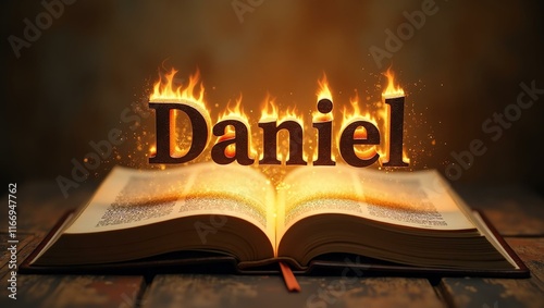 The name daniel floats gracefully a couple of inches above the open pages of an ancient Bible, as though it is levitating in mid-air