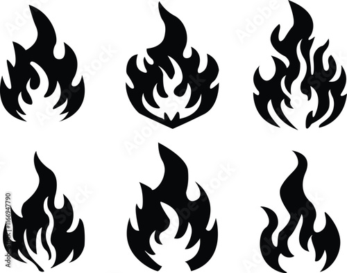 Fire flame bonfire set silhouette black color eps vector collection. Fire flame icon isolated on white background.