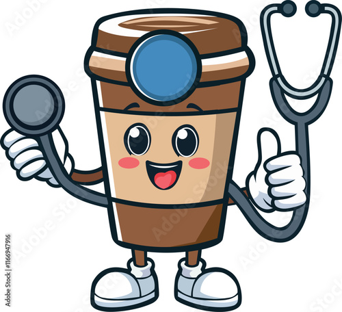 Coffee To-Go Cup Doctor Mascot vector Illustration  with a Stethoscope.