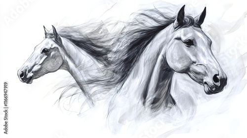 Head sketch of horse stallion. Dapple gray broodmare, foal or filly with wavy mane. Equestrian racehorse mascot or equine sport club, hippodrome and wildlife or feral animal theme.