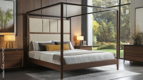 Modern four-poster bed in walnut wood with cream upholstered headboard, in a spacious bedroom with large windows and natural light. photo