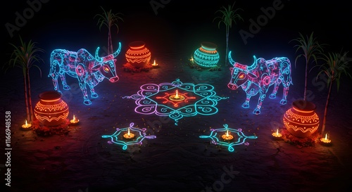 Modern neon light design of harvest festival featuring glowing clay pots, sugarcane, and stylized bulls creating a vibrant and futuristic festive ambiance