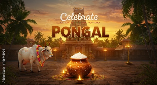 Pongal festival celebration with a temple, decorated cow, and glowing Pongal pot, creating a warm and spiritual festive setting photo