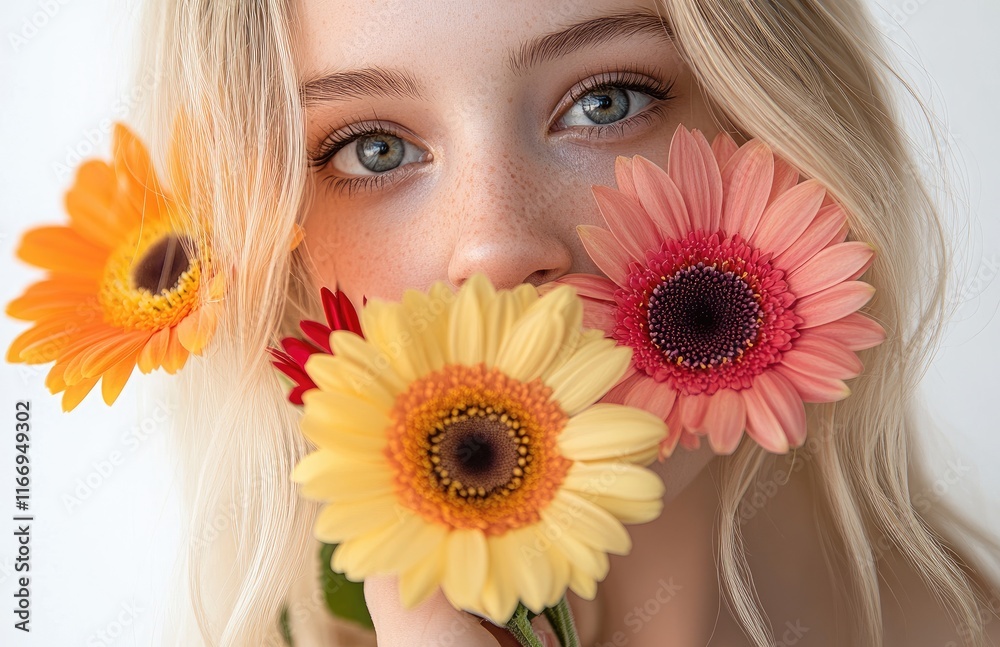 a woman with blonde hair holding two colorful flowers near her face a woman with blonde hair holding two colorful flowers near her face