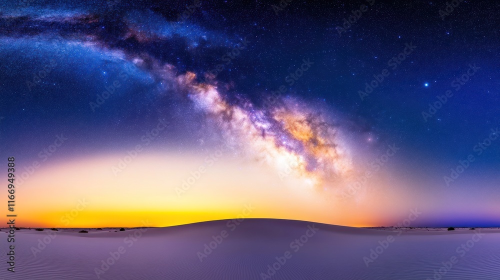 Naklejka premium Stunning night sky over a serene desert landscape at twilight.