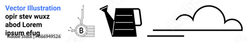 Black watering can, circuitry plant, and cloud on white. Ideal for gardening, technology, sustainability, farming, environmental, nature, and DIY themes. Clean design Landing page