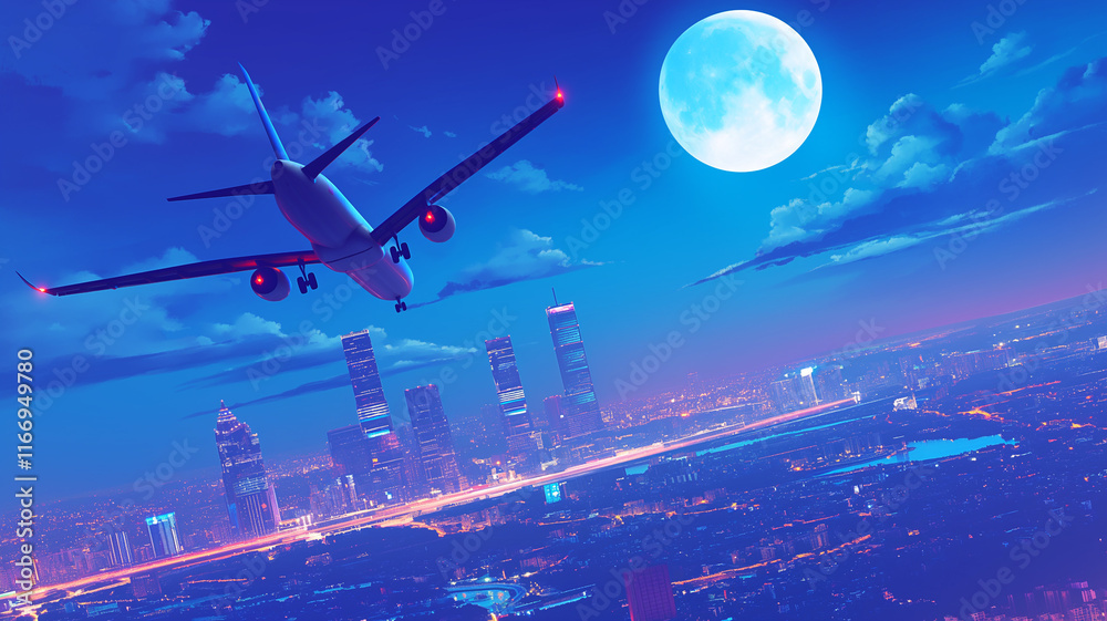 Naklejka premium 月の照らす夜の都会を飛ぶ飛行機のイラスト素材,旅行,仕事,出張,夜景,挿絵,