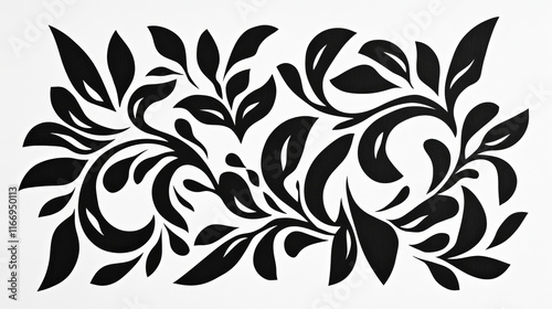 Black and white arabesque design with scrolls and leaves in a bold motif arranged in a seamless background pattern in square format