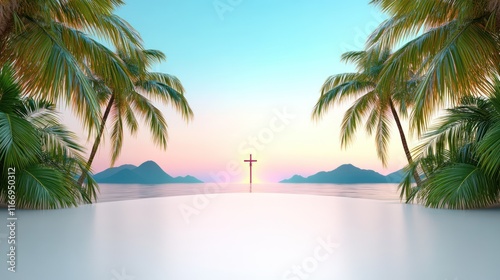 Serene beach scene with palm trees and a cross at sunset.