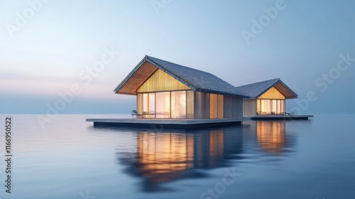 Serene and picturesque floating house on a tranquil lake with a beautiful reflection of the sunset sky on the still water