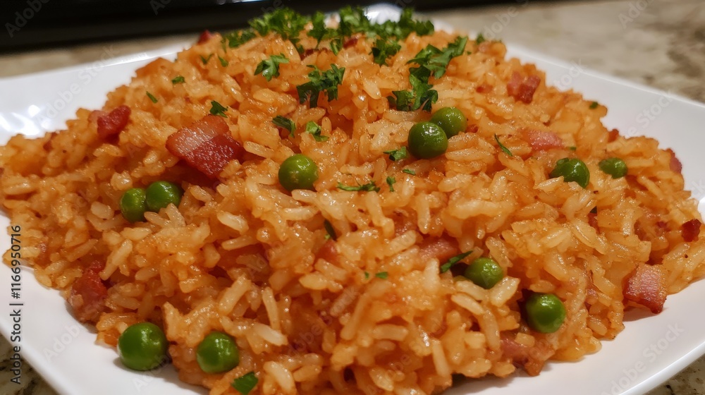 Cozy Fried Rice with Bacon and Peas on Table Cozy Fried Rice with Bacon and Peas on Table