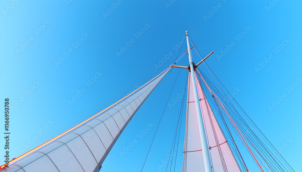 Sails and mast in the blue sky, glowing neon. isolated with white highlights