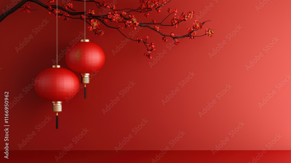 Two red lanterns hang from a branch against a vibrant red background, creating a festive and tranquil atmosphere. Two red lanterns hang from a branch against a vibrant red background, creating a festive and tranquil atmosphere.