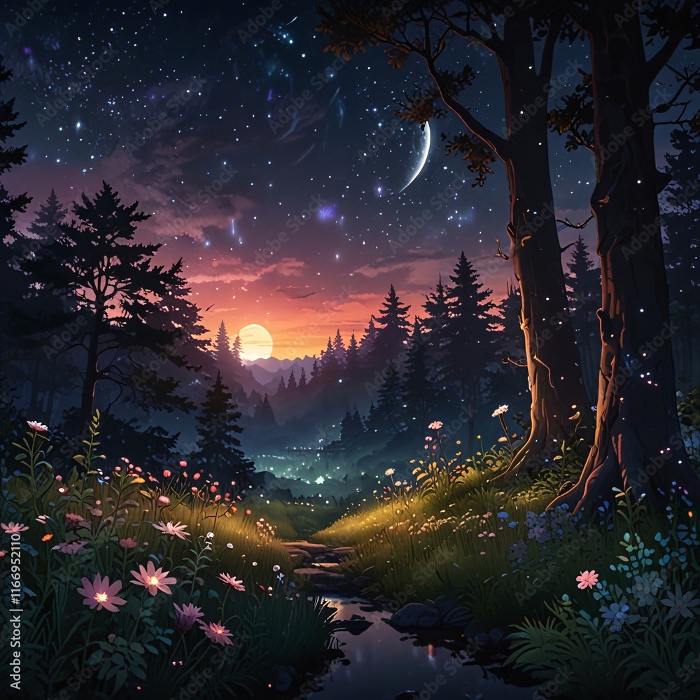 Fototapeta premium Magical Moonlit Forest Path with Glowing Fireflies V3