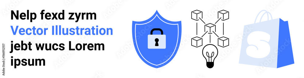 Shield with lock, network of cubes, lightbulb, and shopping bag. Ideal for cybersecurity, online shopping, blockchain technology, innovation, and data protection. Vector illustration on a landing Shield with lock, network of cubes, lightbulb, and shopping bag. Ideal for cybersecurity, online shopping, blockchain technology, innovation, and data protection. Vector illustration on a landing