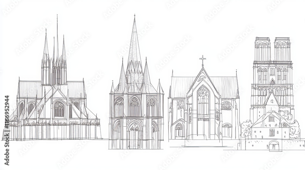 France architecture landmarks and famous historic buildings thin line icons. Vector facades set of Saint Auban cathedral in Guerande and Etienne in Caen, Molsheim church or Ducal Palace in Nievre