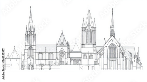 France architecture landmarks and famous historic buildings thin line icons. Vector facades set of Saint Auban cathedral in Guerande and Etienne in Caen, Molsheim church or Ducal Palace in Nievre photo