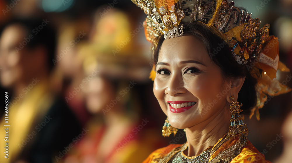 Smiling Festival Goers in Colorful Traditional Costumes at a Cultural Celebration in a Bright, Noise-Free Venue. Smiling Festival Goers in Colorful Traditional Costumes at a Cultural Celebration in a Bright, Noise-Free Venue.