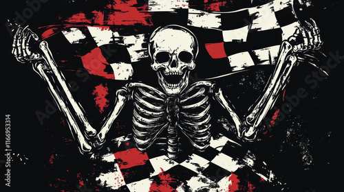 Deathful race sketch icon of furious skeleton or grim reaper with stylized checkered racing flag. Use as racing club, motorsport competition symbol or tattoo design photo