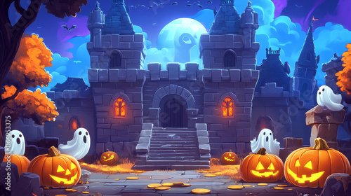 Arcade Medieval Halloween castle, game level map interface with vector stone platforms and golden coins on stairs. Ghosts, sweets and pumpkins in castle background with Halloween monsters and bonuses photo