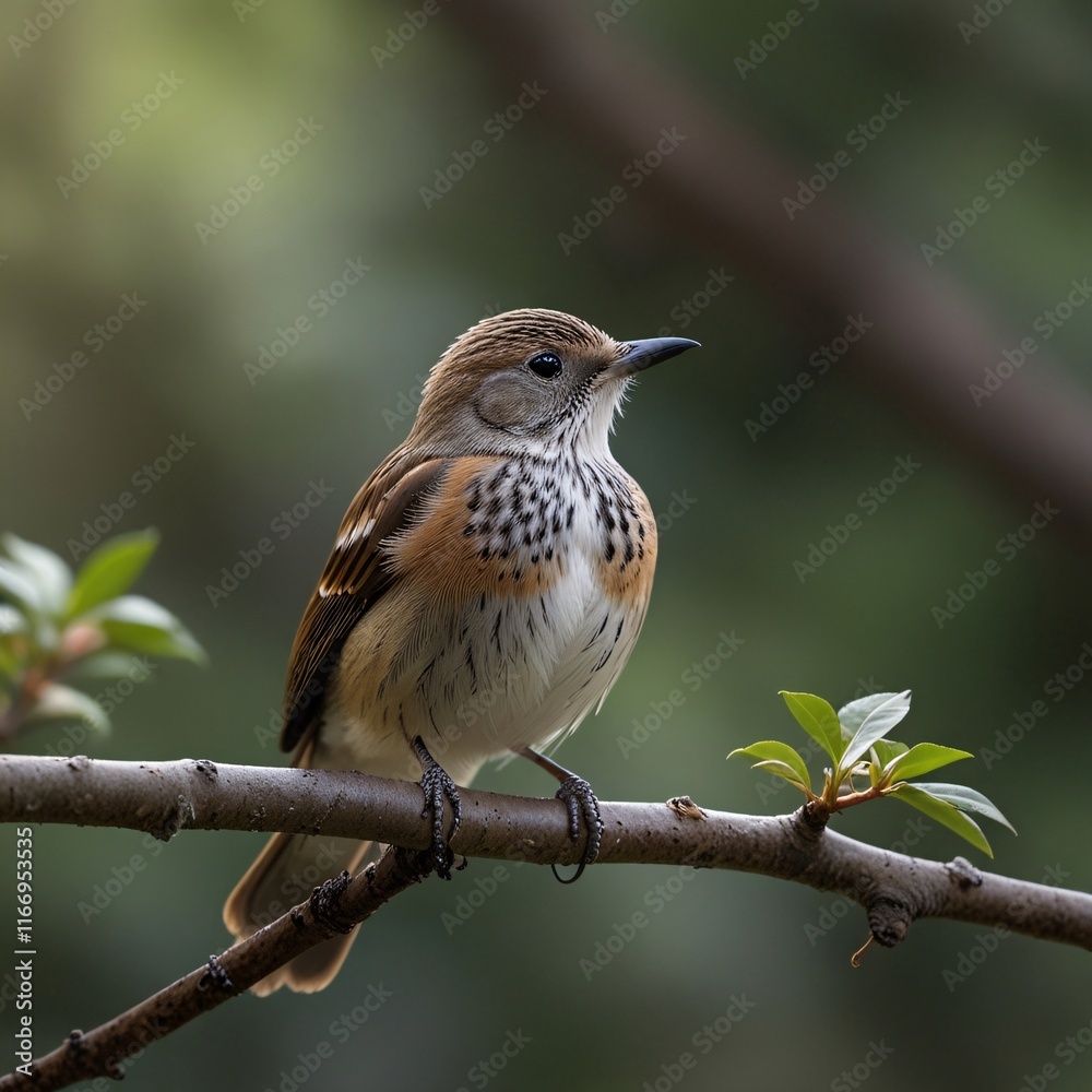 Fototapeta premium Streaked Songbird Perched on Branch in Serene Forest V7