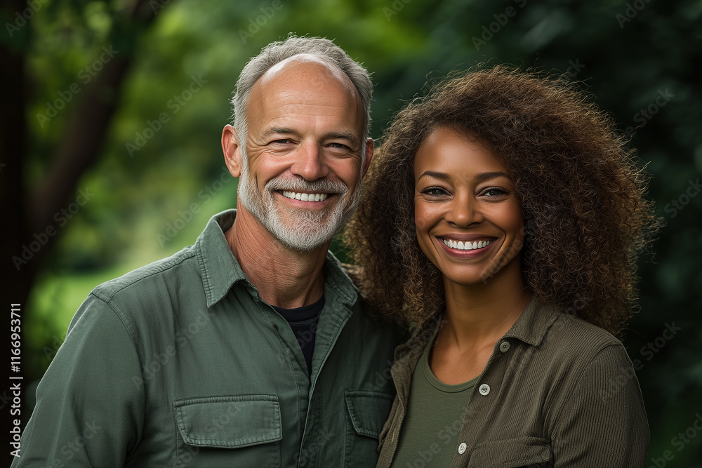 Portrait of a happy middle-aged man and woman standing next to each other outdoors with a lush, tree-filled background. Portrait of a happy middle-aged man and woman standing next to each other outdoors with a lush, tree-filled background.