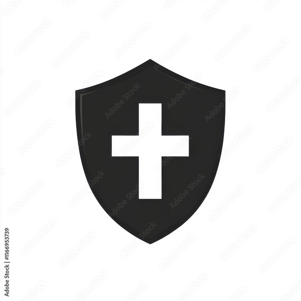 A simple black shield emblem featuring a white cross, symbolizing protection and safety. A simple black shield emblem featuring a white cross, symbolizing protection and safety.
