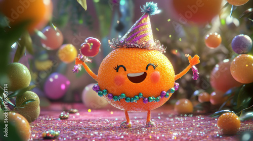 Cartoon math number three groovy character celebrates party with charming expression. Isolated vector funky orange colored digit 3 retro personage wears festive hat, wrapped in garland, holding flags photo