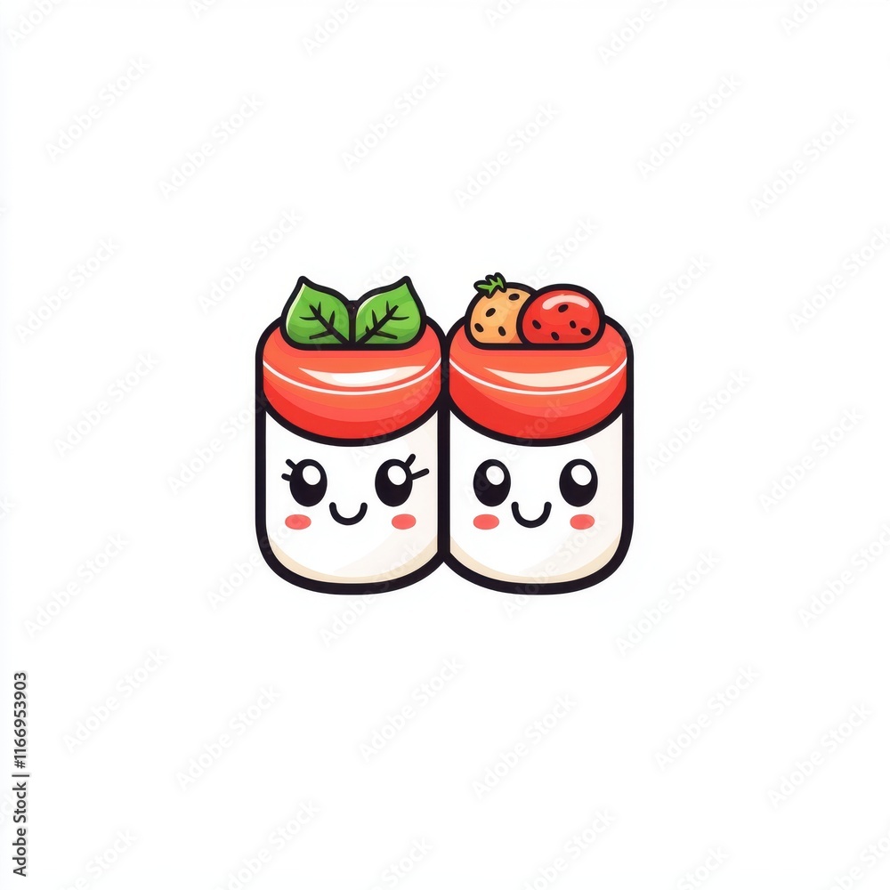 Obraz premium Cute cartoon jars with happy expressions, one filled with leafy greens and the other with strawberries.