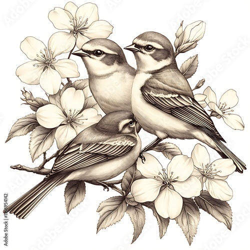 Four Charming Birds Perched on Blooming Branches photo