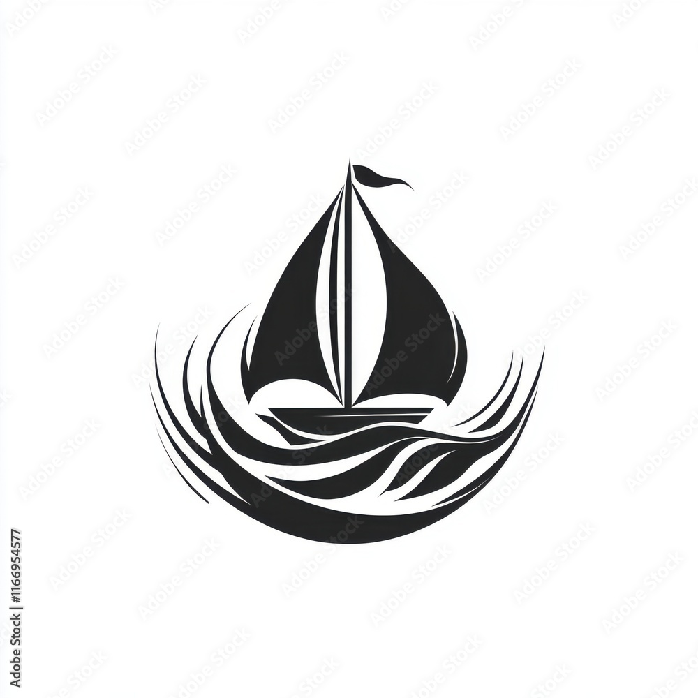 Fototapeta premium Stylized black sailboat icon sailing on waves, representing adventure and freedom.