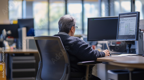 Visually Impaired Individual Using Braille Device in a Minimalistic Office to Emphasize Accessibility and Inclusion at Work.