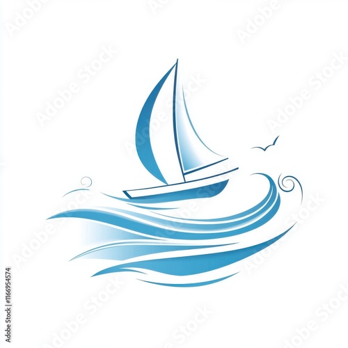 Sleek blue sailboat gracefully navigating stylized waves under a clear sky.