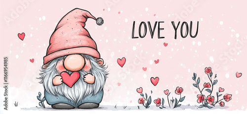 Cartoon style illustration of an cute adorable dwarf or gnome holding a heart. Valentine's day banner. I love you greeting card template
