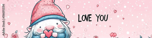 Cartoon style illustration of an cute adorable dwarf or gnome holding a heart. Valentine's day banner. I love you greeting card template