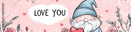 Cartoon style illustration of an cute adorable dwarf or gnome holding a heart. Valentine's day banner. I love you greeting card template