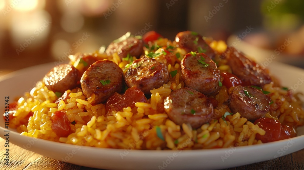 Spicy Fried Rice with Sausages and Mushrooms Plated Beautifully Spicy Fried Rice with Sausages and Mushrooms Plated Beautifully