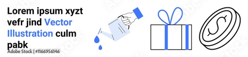 Hand pouring water from container, gift box with bow, and coin. Ideal for themes of nurturing growth, generosity, financial success, investments, holiday giving, personal finance and wealth