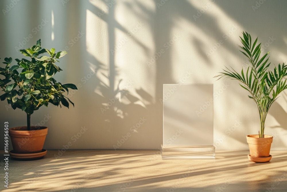 Fototapeta premium Indoor plants with shadows casting on a blank display in a sunlit room during the afternoon