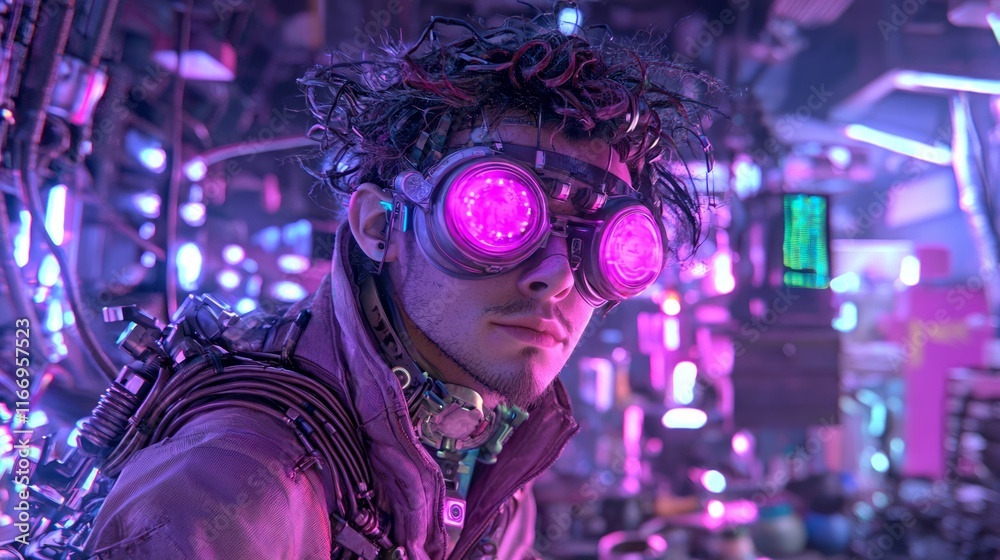 Futuristic Cyberpunk Inventor in Neon Workshop Surrounded by Gadgets - Ultra-Detailed 3D Render Digital Artwork