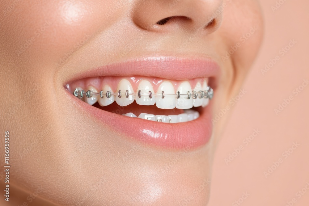 Fototapeta premium Bright smile with braces showcasing dental treatment in a close-up view of young person in a neutral background