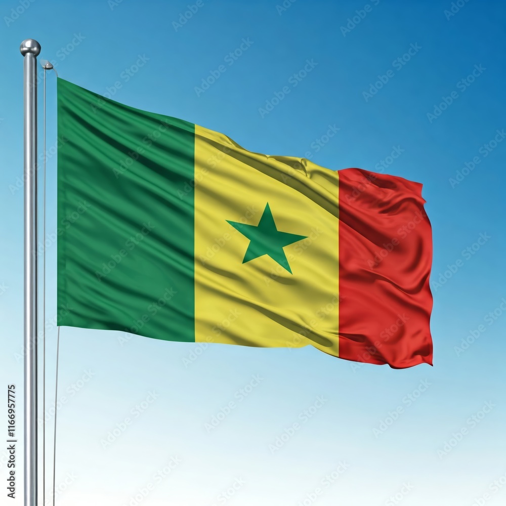 Obraz premium national flag of senegal, waving against blue sky, flag of the nation, blowing in the wind