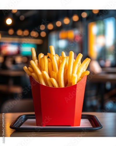 Hot and fresh french fries in a packaging box in a fast food restaurant. photo