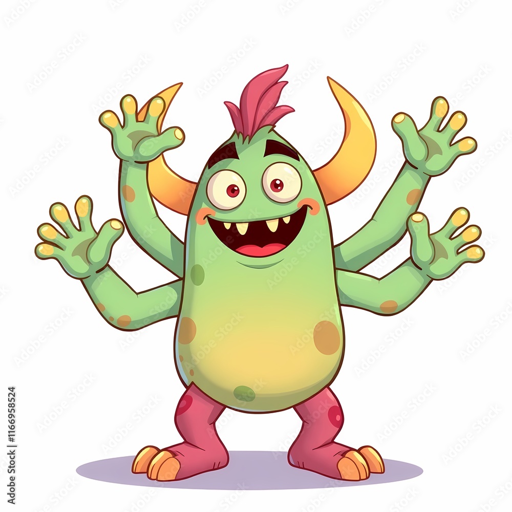 Fototapeta premium Friendly Green Monster with Six Arms: A cheerful cartoon monster with six arms, bright green skin, and a toothy grin, radiating positivity and playful energy.