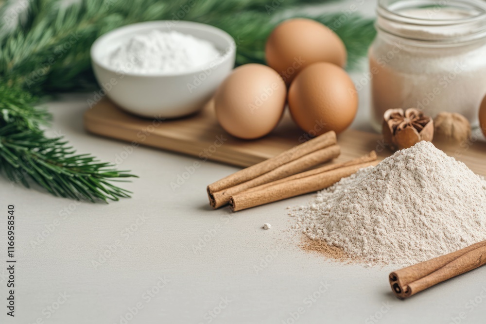 Baking ingredients on a wooden surface with eggs, flour, and spices arranged for holiday treats preparation Baking ingredients on a wooden surface with eggs, flour, and spices arranged for holiday treats preparation