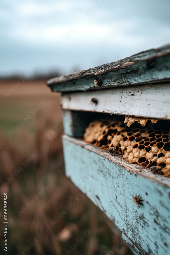 Abandoned beehive in a deserted field at sunrise near a quiet rural area. The threat of bee extinction. Abandoned beehive in a deserted field at sunrise near a quiet rural area. The threat of bee extinction.