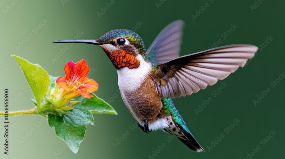 Fototapeta premium A hummingbird hovering near a vibrant flower.